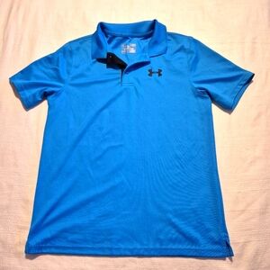 Under Armour boys size youth large loose heat gear blue polo shirt VGUC